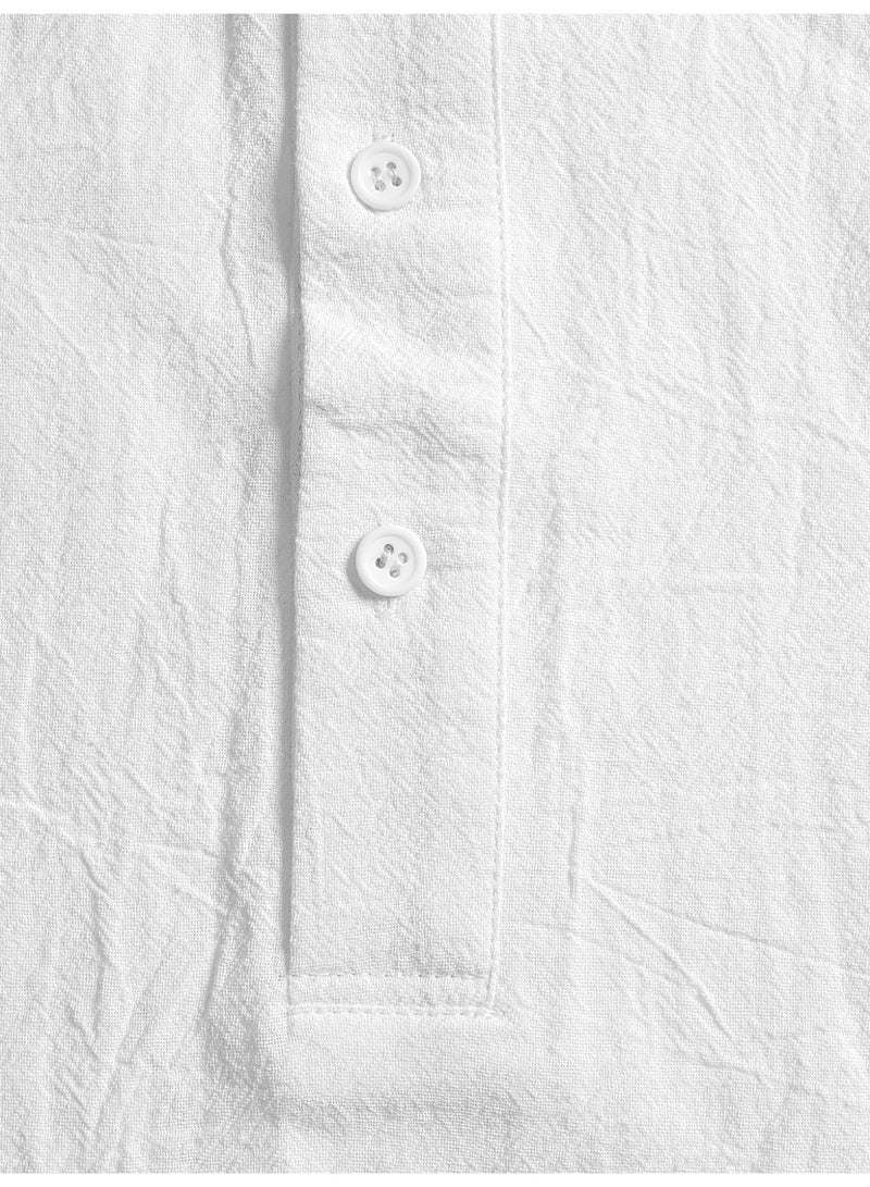 Men's White Short Sleeve Henley Shirt Band Collar Crinkle Texture Cotton Linen Blend Casual Top - Image 5